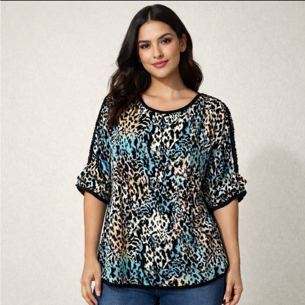 St. John Women’s blue white black animal print blouse, top. Size L